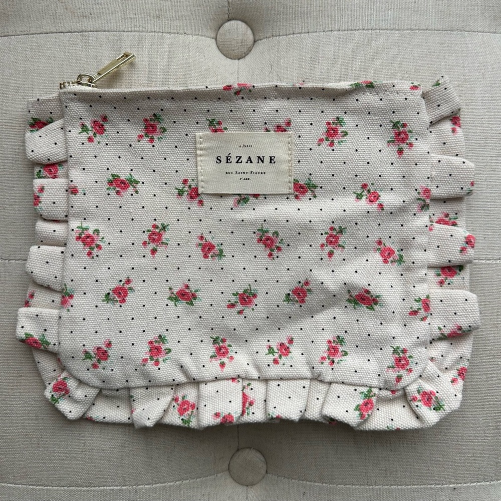 NWOT Sezane Cotton Floral Ruffled Zip Pouch